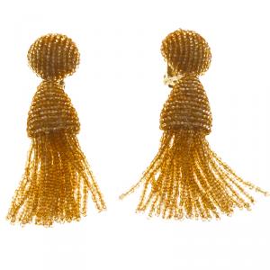 Pre Owned Oscar de la Renta Orange Beaded Gold Tone Clip-on Tassel Earrings