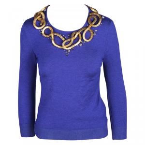 Pre Owned Oscar De La Renta Purple Metallic Gold Embellishment Sweater S