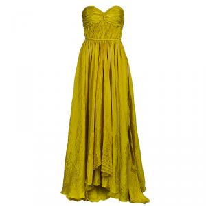 Pre Owned Oscar de la Renta Yellow Crushed Silk Strapless Gown S