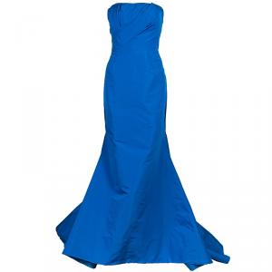 Pre Owned Oscar de la Renta Blue Silk Faille Trumpet Gown M