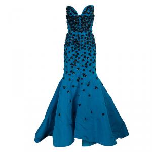Pre Owned Oscar De La Renta Fall 2015 Blue Floral Sequin Embellished Strapless Silk Gown M