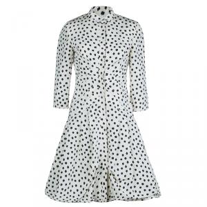 Pre Owned Oscar De La Renta Cream Silk Polka-Dotted Dress Coat M