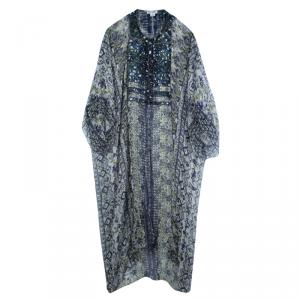 Pre Owned Oscar De La Renta Blue Floral Printed Silk Embellished Sheer Kaftan S