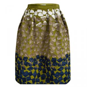 Oscar De La Renta Green Silk Sequin Embellished Embroidered Pleat Detail Skirt M
