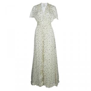 Paul and Joe Cream Silk Printed Ruffle Trim Gathered Maxi Dress S