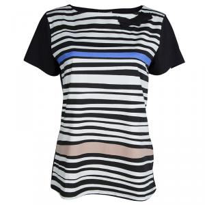 Paule Ka Black Jersey Multicolor Striped Bow Detail T-Shirt XL