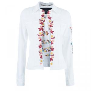 Philipp Plein Couture White Floral Embroidered Denim Jacket S