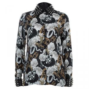 Philipp Plein Couture Printed Studded Collar Silk Shirt S