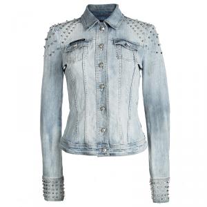 Philipp Plein Couture Indigo Light Wash Distressed Denim Studded Jacket M