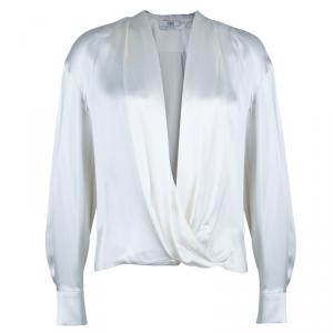 Prabal Gurung White Satin Long Sleeve Wrap Top M
