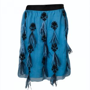 Prabal Gurung Blue Feather Detail Embellished Skirt L