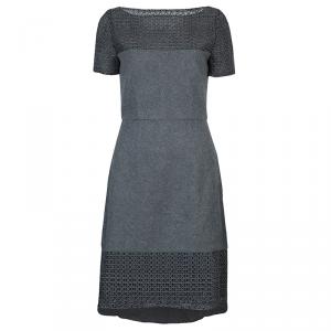 Prabal Gurung Grey Embroidered Mesh Insert Wool Dress S