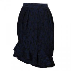 Prabal Gurung Navy Blue Textured Ruffle Bottom Asymmetric Skirt S