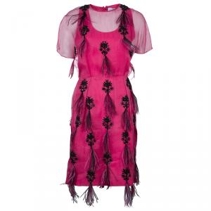 Prabal Gurung Pink Embellished Feather Detail Silk Dress M