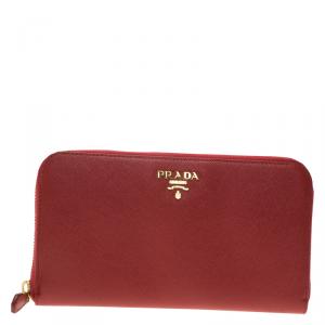 Pre Owned Prada Red Saffiano Zip Around Wallet