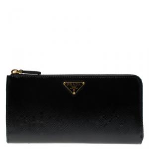 Pre Owned Prada Black Saffiano Leather Zip Around Wallet