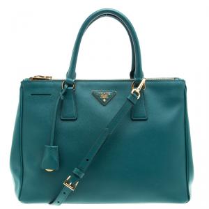 Pre Owned Prada Teal Green Saffiano Lux Leather Medium Double Zip Tote