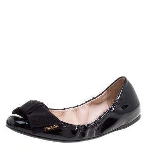 Pre Owned Prada Black Patent Scrunch Bow Ballet Flats Size 38
