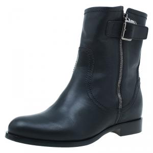 مملوكة مسبقًا Prada Black Leather Zip Trimmed Ankle Boots Size 38