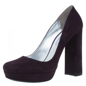 Pre Owned Prada Purple Suede Block Heel Platform Pumps Size 39
