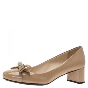 Pre Owned Prada Beige Patent Bow Block Heel Pumps Size 37.5