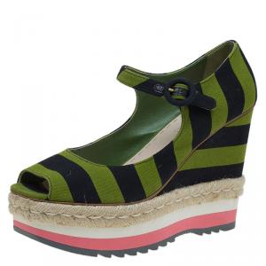 Pre Owned Prada Two Tone Striped Canvas Mary Jane Platform Peep Toe Wedge Pumps Size 40