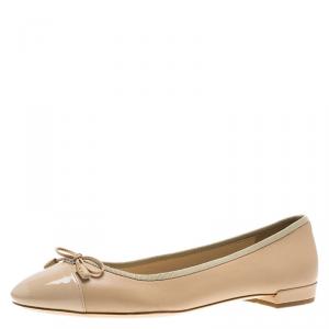 Pre Owned Prada Beige Leather Cap Toe Bow Detail  Ballet Flats Size 39