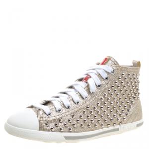 Pre Owned Prada Sport Gold Studded Glitter and Leather High Top Sneakers Size 38.5