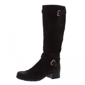 Pre Owned Prada Sport Brown Suede and Leather Double Buckle Knee Boots Size 37