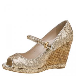 Prada Sport Gold Glitter Mary Jane Wedge Pumps Size 36