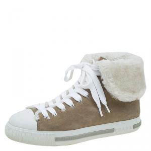 Prada Sport Beige Suede and Faux Fur High Top Sneakers Size 39