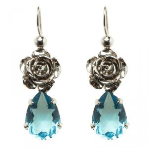 Prada Rose Blue Crystal Silver Tone Fish Hook Dangle Earrings 