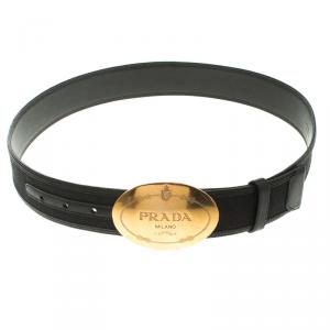 Prada Black Leather and Canvas Cinture Buckle Belt 85 CM