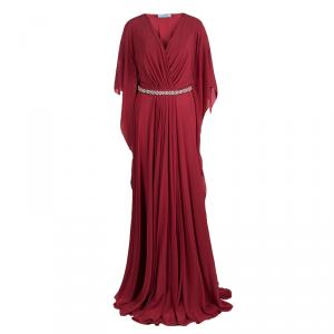 Prada Red Silk Embellished Belt Detail Kaftan Style Gown M