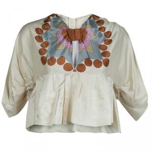 Prada Cream Printed Dolman Sleeve Cropped Blouse M