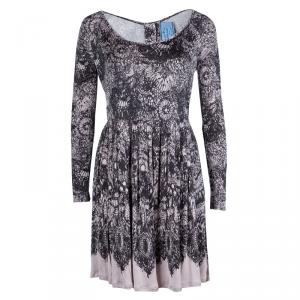 Prada Black and Pink Floral Print Jersey Long Sleeve Dress S