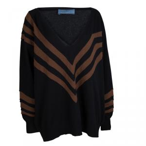 Prada Black Wool Striped V-Neck Oversized Sweater S