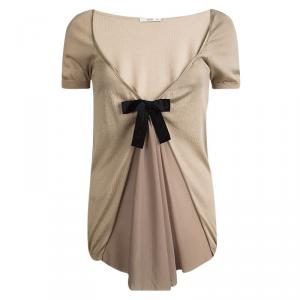 Prada Beige Silk Knit Pleated Front Bow Detail Top M