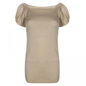 Prada Beige Knit Gathered Short Sleeve Top M
