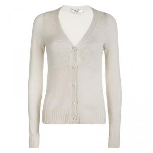 Prada Cream Knit Contrast Elbow Patch Detail Button Front Cardigan S