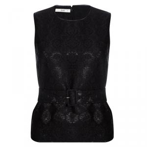 Prada Black Floral Lurex Jacquard Knit Belted Sleeveless Top S