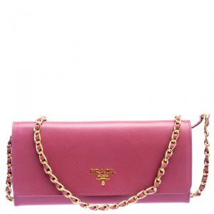 Pre Owned Prada Pink Saffiano Metal Leather Wallet on Chain