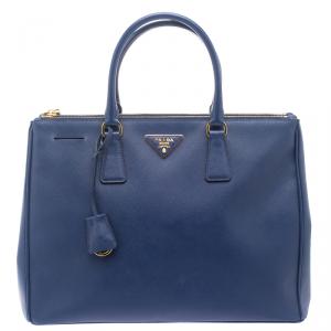 Pre Owned Prada Blue Saffiano Lux Leather Large Double Zip Tote