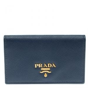 Pre Owned Prada Navy Blue Saffiano Metal Leather Business Card Holder 