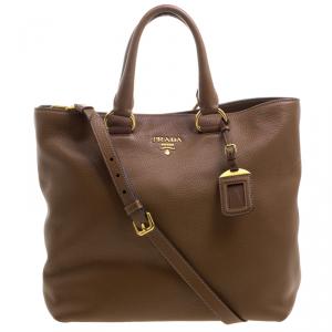 Pre Owned Prada Brown Vitello Diano Leather Shopper Tote