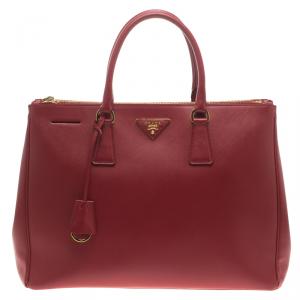 Pre Owned Prada Red Saffiano Lux Leather Large Double Zip Tote