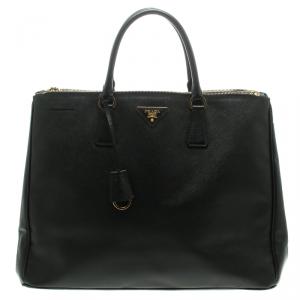 Pre Owned Prada Black Saffiano Lux Leather Executive Double Zip Tote