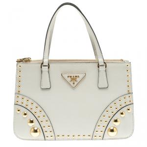 Pre Owned Prada Off White Saffiano Leather Studded Double Zip Tote