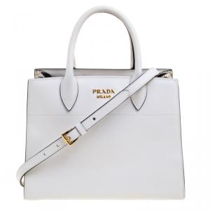 Pre Owned Prada Off White/Cream Leather and Snakeskin Bibliotheque Double Tote