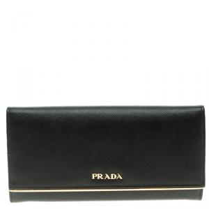 Pre Owned Prada Black Saffiano Metal Leather Continental Wallet with Card Holder